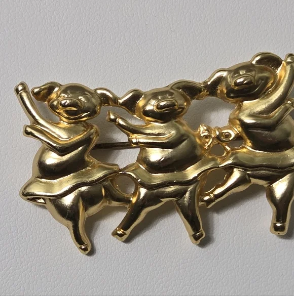 Dance Pig Brooch Gold Tone 3 Pigs Brooch Pin - Picture 11 of 12